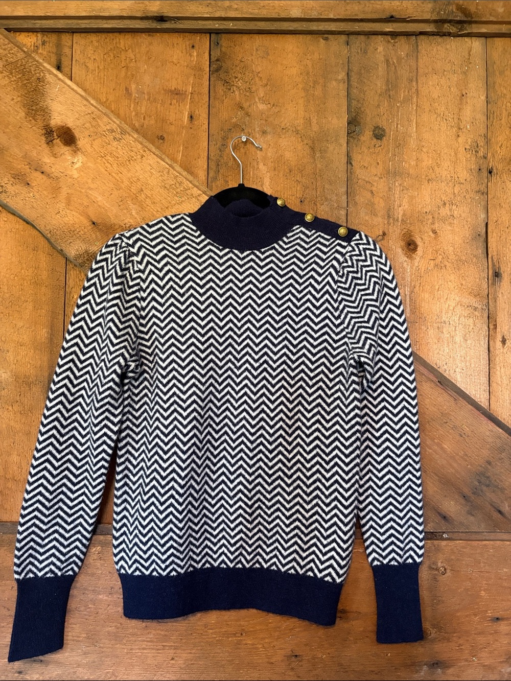 J. Crew Navy and White Chevron Cowl Turtleneck Sweater with Gold Buttons